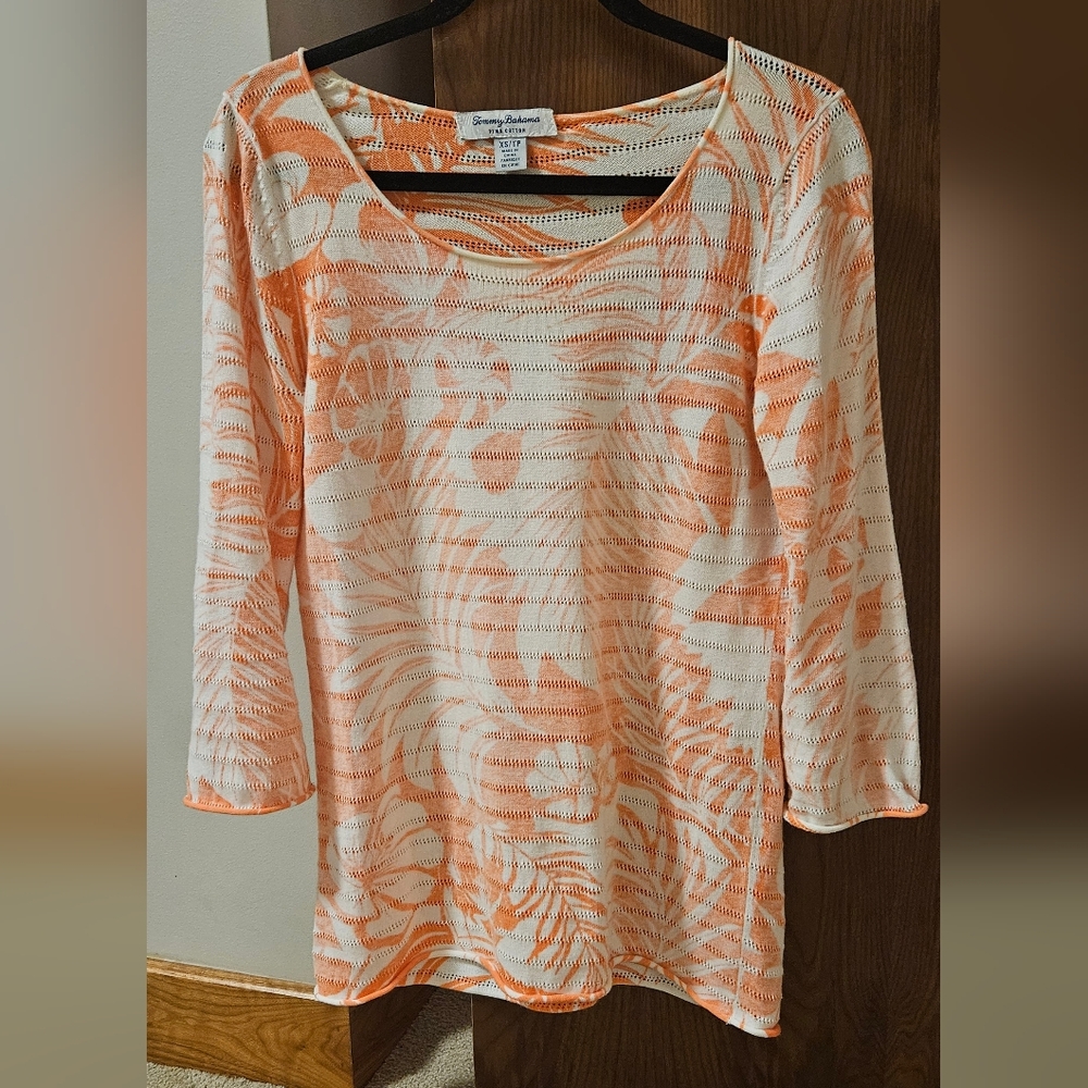 Tommy Bahama Melon And White Pima Cotton Sweater Extra Small